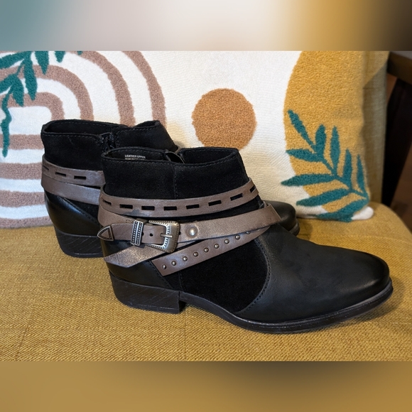 Miz Mooz Black and Brown Dublin Ankle Boots with Decorative Straps - Picture 1 of 9